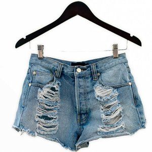 MINKPINK | Size M | Ripped Distressed Slasher | Cut Off Jean Shorts | Button Fly